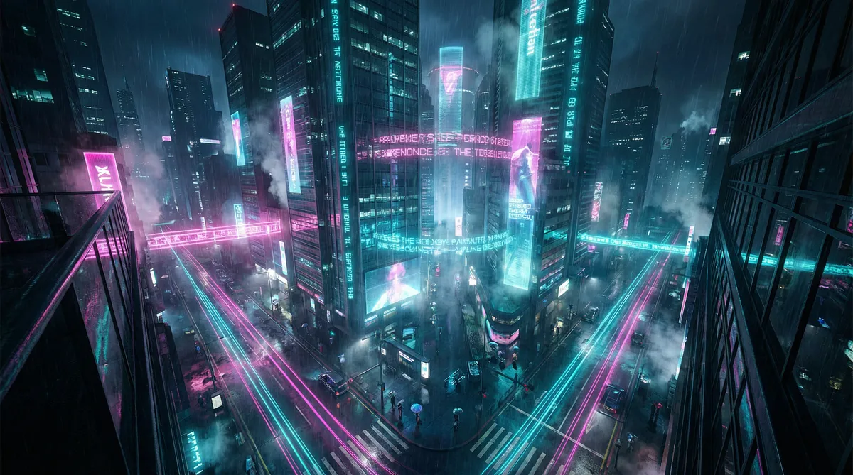 javrate 竖屏短剧平台首页背景 - 赛博朋克都市夜景